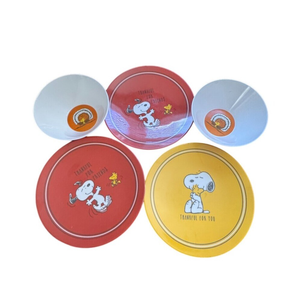 5 Pottery Barn Peanuts Plates bowls Charlie Brown Snoopy Woodstock  Thanksgiving